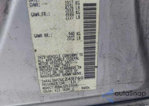 2016 Nissan Altima 2.5/2.5 S/2.5 Sl/2.5 Sr/2.5 Sv из США, поврежденный, VIN 1N4AL3AP7GC249760